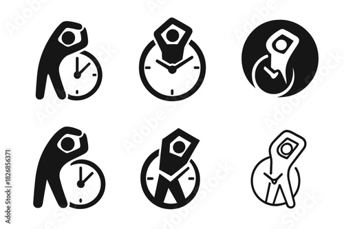 Stretch Break Logos. Taking a break from work to stretch. Icon set. Set Logo of Taking a break from work to stretch: stretch timer or reminder
