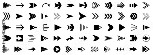 Arrow collection with many bold shapes and expressive directional styles. Each symbol shows movement through sharp or curved forms