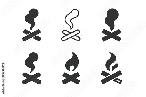 Battlefield Emblem Variations. The remains of a battlefield with smoke rising into the sky. Icon set. Set Logo of battlefield remains: smoldering campfire.