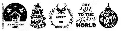 Christmas typography with Joy to the World and Peace on Earth designs. Festive black silhouettes with religious and joyful themes