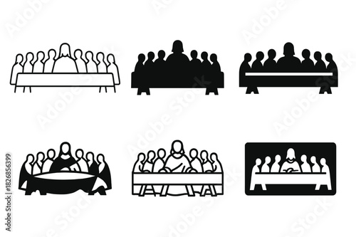 Last Supper Logos. Last Supper. Icon set. Set Logo of Last Supper: table with figures in silhouette. harmonious logo variations of the same emblematic concept,