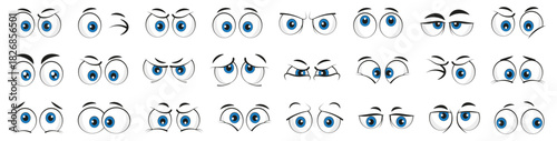 Cartoon eyes with many expressive emotions and playful moods. Each pair shows a unique character and attitude. Clean lines and bright pupils