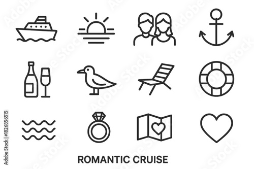 Romantic Cruise Icons. Romantic cruise. Line icon set of romantic cruise: ship, sunset, couple, anchor, champagne, seagull, deck chair, lifebuoy, wave, ring,