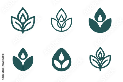 Wellness Spa Logo Variations. Wellness tourism and spa retreats. Icon set. Set Logo of wellness tourism and spa retreats: leaf and water droplet. harmonious