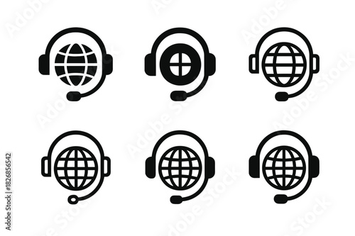 Global Meeting Logos. Virtual meetings with global team members. Icon set. Set Logo of virtual meeting: headset and earth symbol. harmonious logo variations of