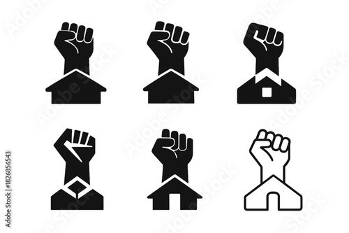 Rooftop Activist Icons. Activist on rooftop. Icon set. Set Logo of activist on rooftop: Raised fist from rooftop. harmonious logo variations of the same