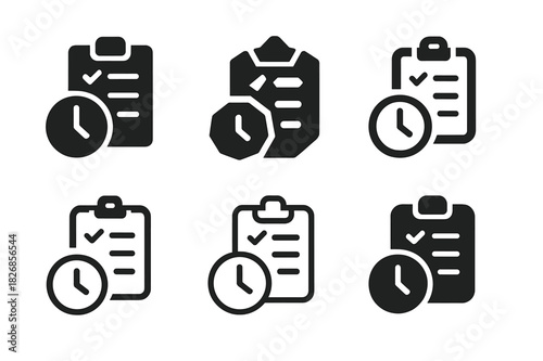 Morning Checklist Icons. Planning the workday with a morning checklist. Icon set. Set Logo of planning the workday with a morning checklist: clock