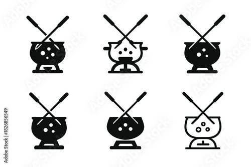 Fondue Logo Variations. Preparing a hot pot or fondue for a social meal with friends. Icon set. Set Logo of Preparing a hot pot or fondue for a social meal