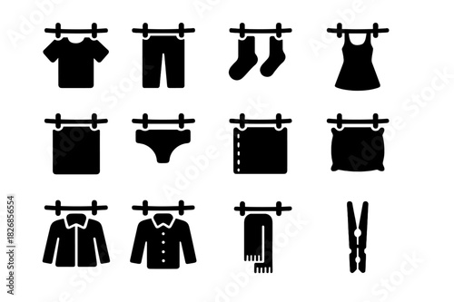 Laundry Line Icons. Laundry line. Solid icon set of laundry line: t-shirt, pants, socks, dress, towel, underwear, blanket, pillowcase, jacket, shirt, scarf,