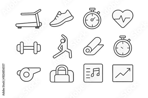 Running Training Icons. Running training. Line icon set of running training: treadmill, running shoes, stopwatch, heart rate, dumbbell, stretching, mat, timer,
