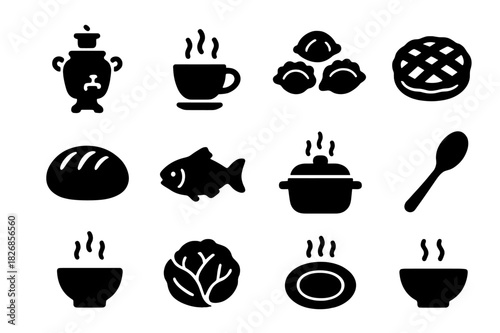 Russian Cuisine Icons. Russian Cuisine. Solid icon set of Russian Cuisine: samovar, teacup, dumplings, pie, loaf of bread, fish, pot, spoon, bowl, cabbage,