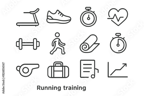 Running Training Icons. Running training. Line icon set of running training: treadmill, running shoes, stopwatch, heart rate, dumbbell, stretching, mat, timer,