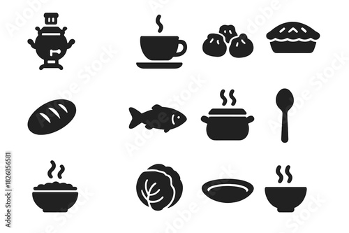 Russian Cuisine Icons. Russian Cuisine. Solid icon set of Russian Cuisine: samovar, teacup, dumplings, pie, loaf of bread, fish, pot, spoon, bowl, cabbage,