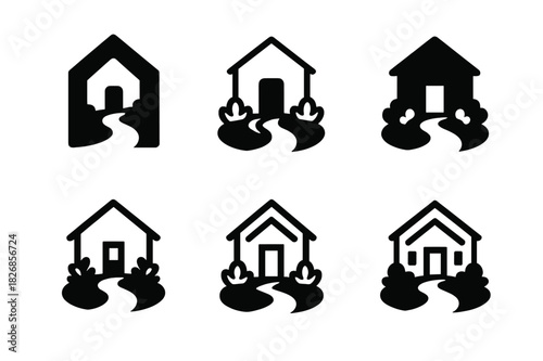 Elegant Home Logo Variations. Home exterior design and curb appeal. Icon set. Set Logo of home exterior design and curb appeal: welcoming pathway and garden.