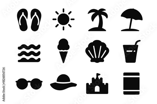 Summer Vacation Icons. Summer vacation. Solid icon set of summer vacation: flip-flop, sun, palm tree, beach umbrella, wave, ice cream, shell, sunglasses, hat,
