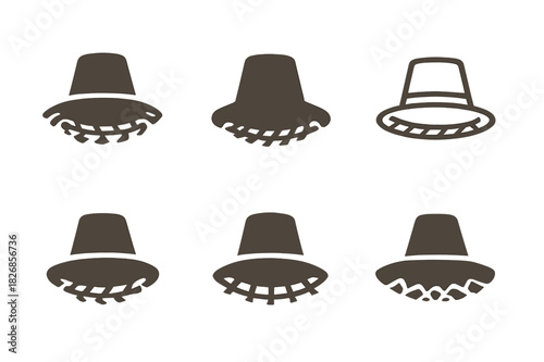 Scarecrow Hat Logos. Scarecrow Hat. Icon set. Set Logo of Scarecrow Hat: Woven Rim. harmonious logo variations of the same emblematic concept (Stylized detail,