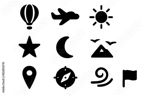 Scenic Travel Icons. Travel sky scenes. Solid icon set of travel sky scenes: hot air balloon, airplane, cloud, sun, star, moon, birds, mountain, map pin,