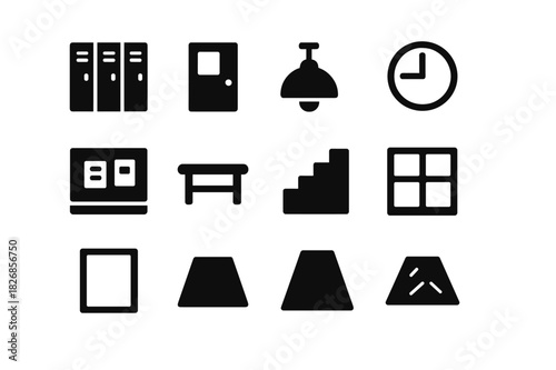 School Hallway Icons. School Hallway. Solid icon set of School Hallway: locker, door, light, clock, bulletin board, bench, stairs, window, frame, shadow,