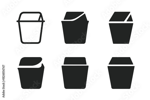 Trash Bin Lid Icons. Trash Bin Lid. Icon set. Set Logo of Trash Bin Lid: Swing Lid. harmonious logo variations of the same emblematic concept (Minimal outline,