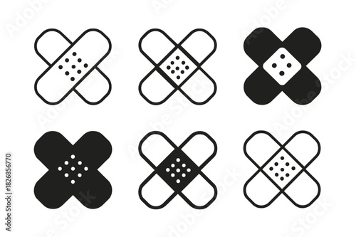 Plaster Patch Logos. Plaster patch. Icon set. Set Logo of Plaster patch: simple patch forming part of a medical emblem. harmonious logo variations of the same