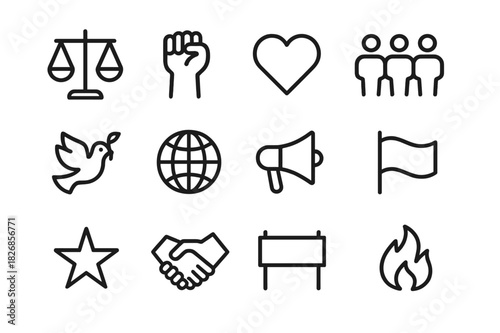 Equality and Justice Icons. Equality and Justice. Line icon set of Equality and Justice: scales, raised fist, heart, people, peace dove, globe, megaphone,