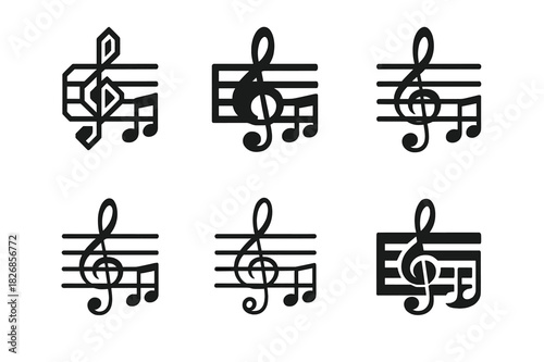 Musical Logos Grid. Composition in music. Icon set. Set Logo of music composition: grand staff symbol. harmonious logo variations of the same emblematic