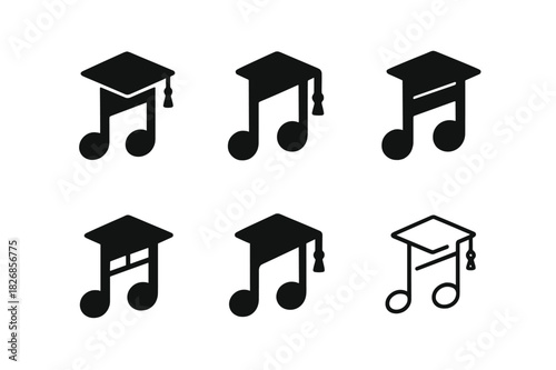 School Music Icons. Singing for musical productions in schools. Icon set. Set Logo of singing for musical productions in schools: Musical note and graduation