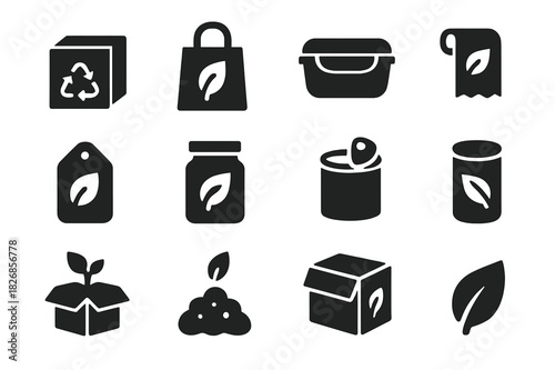 Eco Packaging Icons. Sustainability in packaging design. Solid icon set of Sustainability in packaging design: recyclable box, paper bag, reusable container,