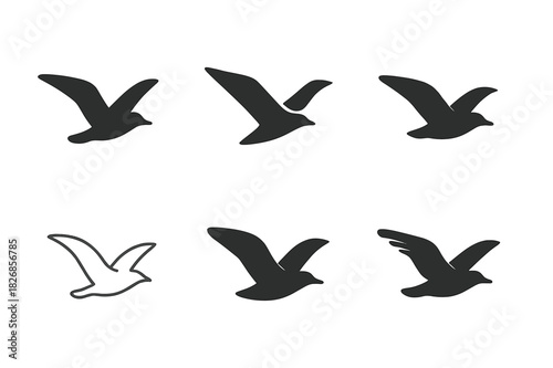 Seagull Logo Variations. Seagulls flying. Icon set. Set Logo of seagulls flying: Seagull with outstretched wings. harmonious logo variations of the same