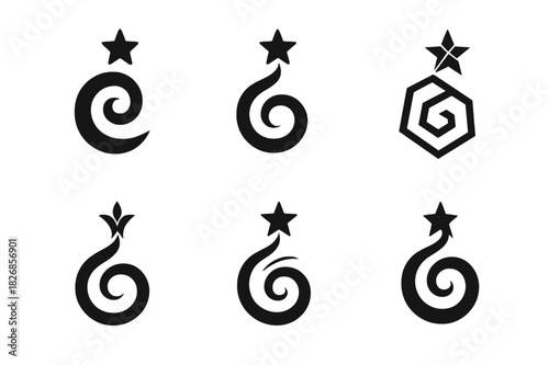 Serendipity Emblem Icons. The science of serendipity. Icon set. Set Logo of serendipity: swirling path to star. harmonious logo variations of the