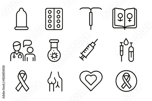Sexual Health Icons. Sexual Health. Line icon set of Sexual Health: condom, contraception pill, IUD, sexual education book, doctor consultation, STI test,