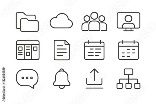 Shared Workspace Icons. Shared Workspace. Line icon set of Shared Workspace: shared folder, cloud storage, team avatars, video call, task board, document icon,