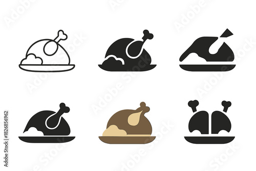 Roasted Chicken Logos. Preparing a roasted chicken with a side of mashed potatoes. Icon set. Set Logo of roasted chicken meal: whole roasted chicken on plate.