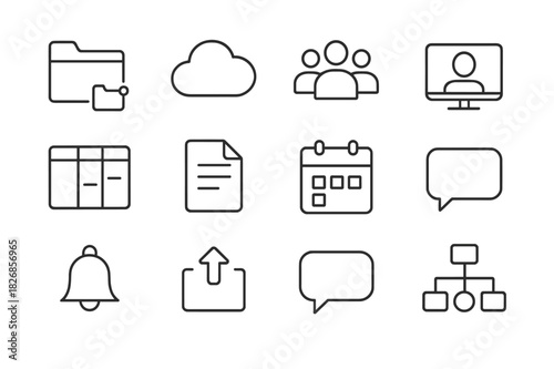 Shared Workspace Icons. Shared Workspace. Line icon set of Shared Workspace: shared folder, cloud storage, team avatars, video call, task board, document icon,
