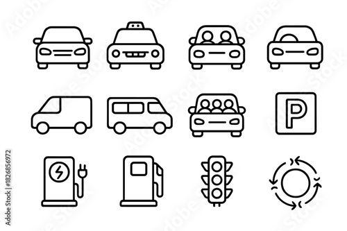 Car Mobility Icons. Car mobility. Line icon set of car mobility: car, taxi, rideshare, electric car, delivery van, minibus, carpool vehicle, parking lot,