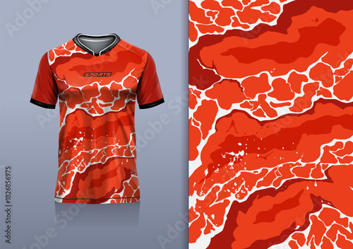 T-shirt mockup abstract texture grunge water sport jersey design for football, soccer, racing, esports, running, white orange red color