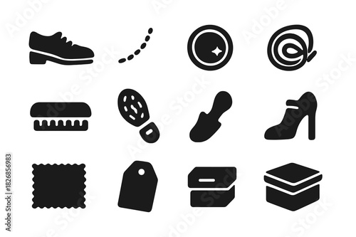 Leather Shoe Icons. Leather shoes. Solid icon set of leather shoes: dress shoe, stitch, polish tin, lace, brush, sole, shoe tree, heel, buckle, shine cloth,