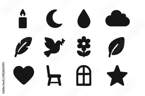 Silent Reflection Icons. Silent Reflection. Solid icon set of Silent Reflection: candle, moon, tear, cloud, feather, dove, flower, leaf, heart, chair, window,