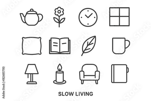 Slow Living Icons. Slow Living. Line icon set of Slow Living: tea pot, flower, clock, window, pillow, book, leaf, mug, lamp, candle, chair, notebook. All