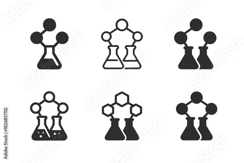 Science Logo Variations. Science experiment setup. Icon set. Set Logo of science experiment setup: molecule and connected flasks. harmonious logo variations of