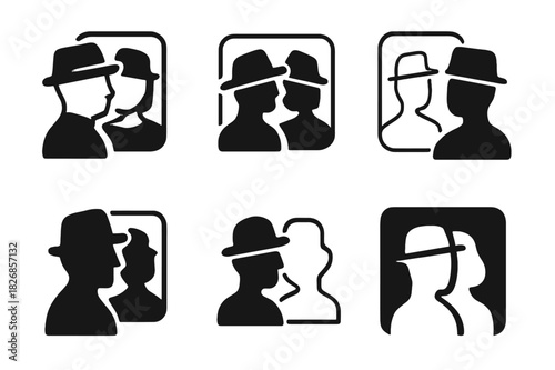 Hat Mirror Icons. Trying on a hat in a mirror. Icon set. Set Logo of trying on a hat: person wearing stylish hat in mirror. harmonious logo variations of the