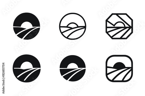Harmonious Logo Set. Expanse. Icon set. Set Logo of wide plain. harmonious logo variations of the same emblematic concept (Filled silhouette, Minimal outline,