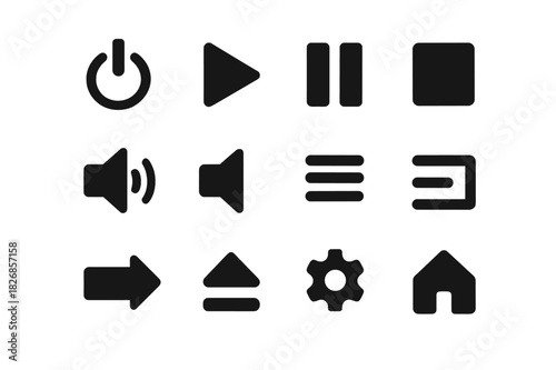 Smart Device Icons. Smart device control. Solid icon set of Smart device control: power, play, pause, stop, volume up, volume down, mute, menu, input
