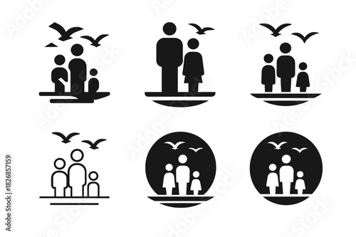 Beach Vacation Icons. Family vacation at the beach. Icon set. Set Logo of family vacation at the beach: seagulls flying above shoreline. harmonious logo