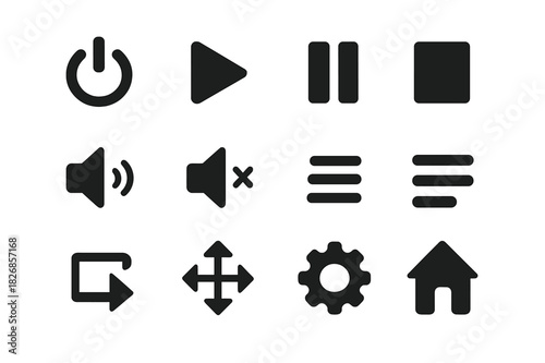 Smart Device Icons. Smart device control. Solid icon set of Smart device control: power, play, pause, stop, volume up, volume down, mute, menu, input