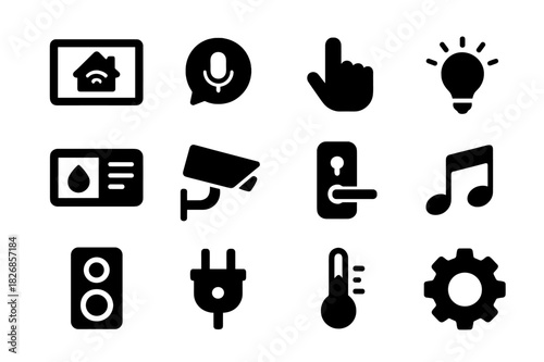 Smart Home Icons. Smart home control. Solid icon set of Smart home control: display screen, voice icon, hand tap, light control, thermostat, security camera,