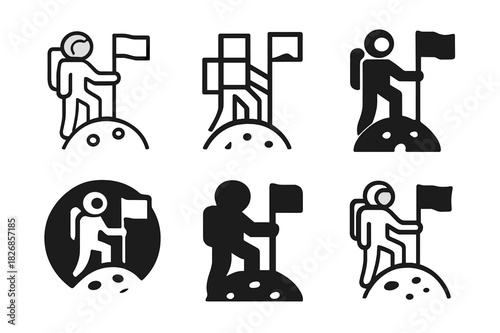 Space Exploration Icons. Space exploration and planetary colonization. Icon set. Set Logo of space exploration and planetary colonization: astronaut flag