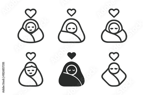 Snuggle Heart Icons. Snuggling under the covers. Icon set. Set Logo of snuggling under the covers: heart and warmth emblem. harmonious logo variations of the