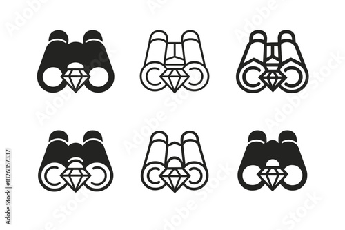 Gem-Focused Travel Icons. Hidden travel gems. Icon set. Set Logo of hidden travel gems: binoculars with gem reflection. harmonious logo variations of the same