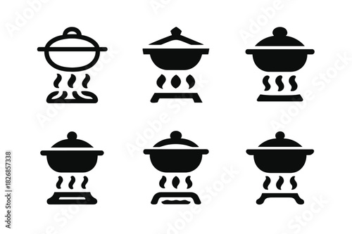 Hot Pot Logo Variations. Preparing a hot pot or fondue for a social meal with friends. Icon set. Set Logo of Preparing a hot pot or fondue for a social meal